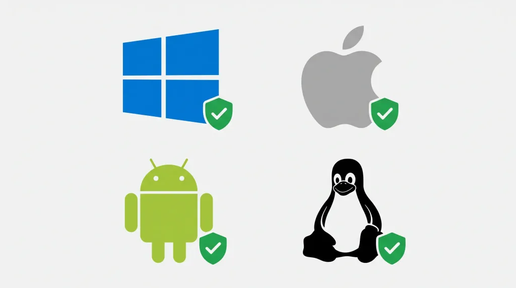 Built-in security protection checkmarks across Windows, Mac, Android and Linux devices