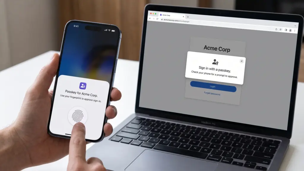 Phone showing a fingerprint prompt to approve a passkey sign-in on a laptop screen