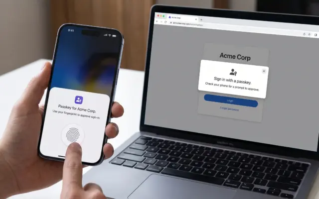 Phone showing a fingerprint prompt to approve a passkey sign-in on a laptop screen