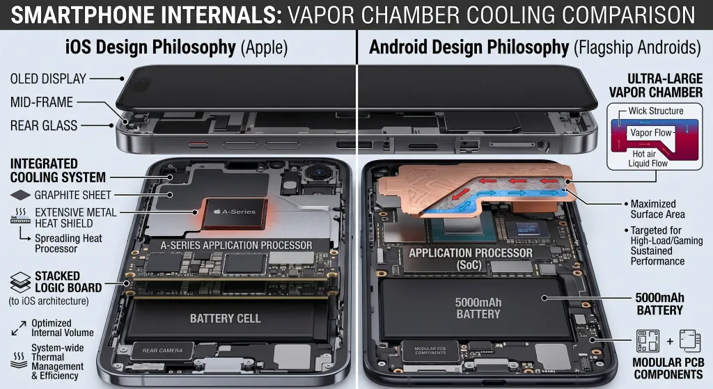 Close-up cross-section of smartphone internals showing vapor chamber cooling on modern flagship hardware comparing iOS vs Android design philosophies