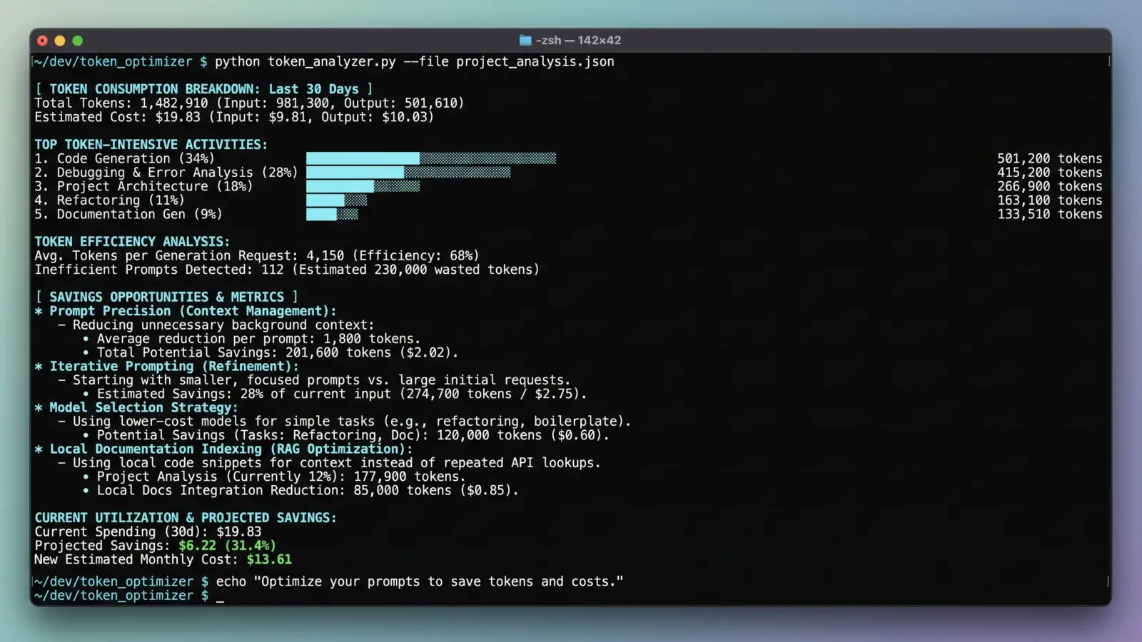A terminal window showing API token breakdown metrics illustrating how to save tokens when coding with AI