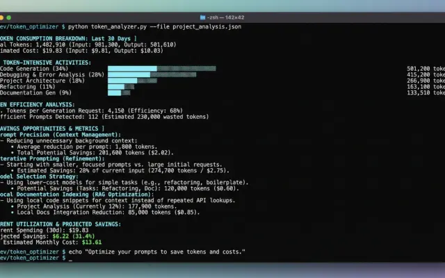 A terminal window showing API token breakdown metrics illustrating how to save tokens when coding with AI
