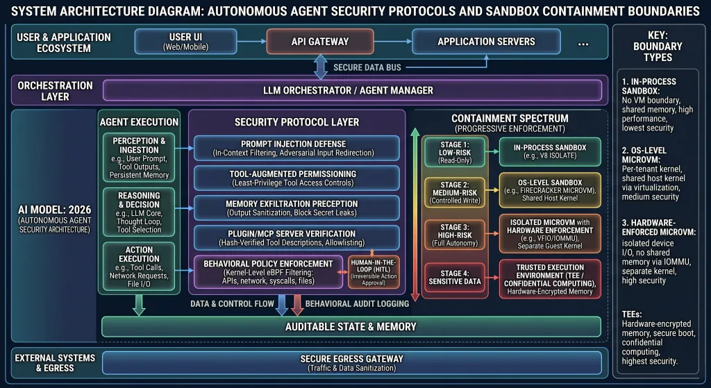 System architecture diagram illustrating autonomous agent security protocols and sandbox containment boundaries in 2026 AI models