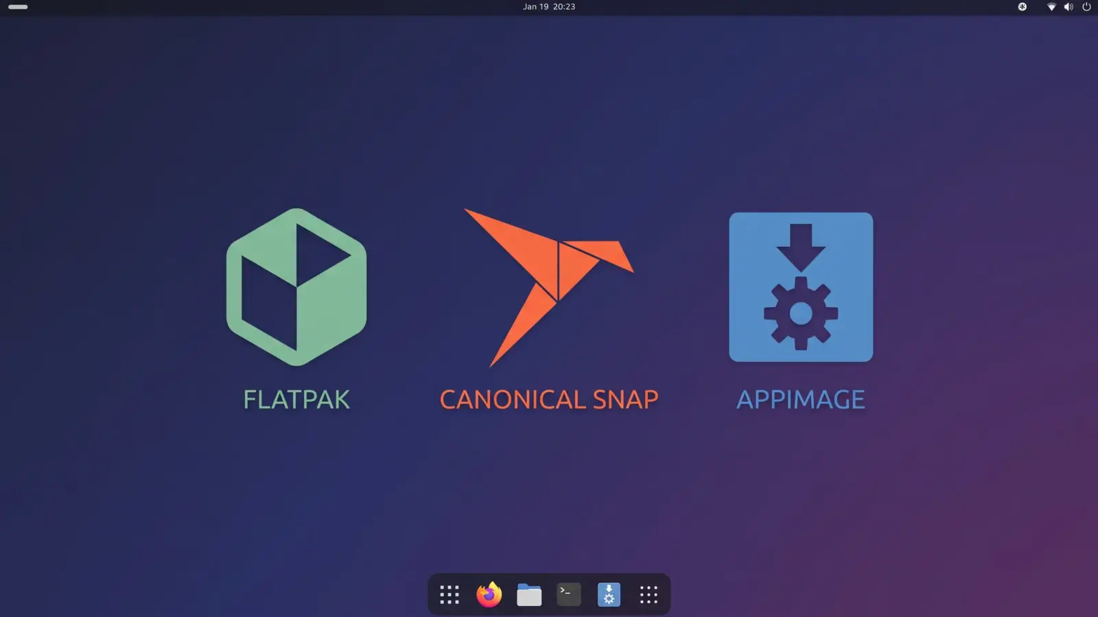 Comparison banner featuring Flatpak, Canonical Snap, and AppImage logos on a clean Linux desktop background