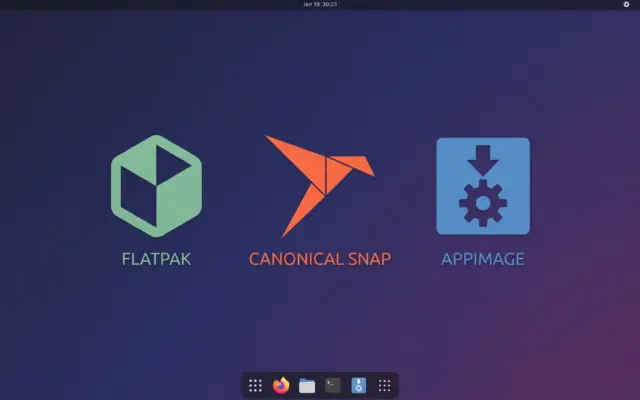 Comparison banner featuring Flatpak, Canonical Snap, and AppImage logos on a clean Linux desktop background