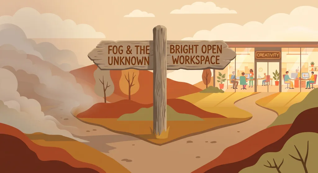 Signpost showing one path fading out and another leading to a workspace, like custom GPTs giving way to Projects