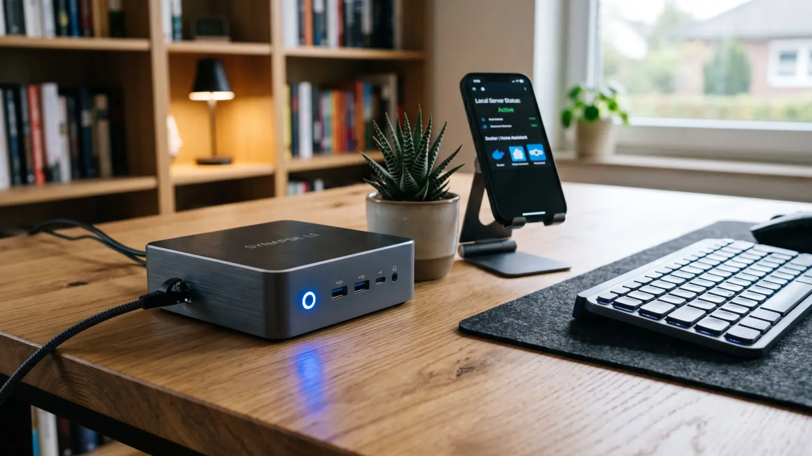 A sleek low-power mini PC sitting on a wooden desk used for self-hosting personal files and applications.