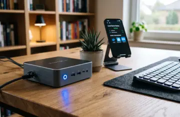 A sleek low-power mini PC sitting on a wooden desk used for self-hosting personal files and applications.