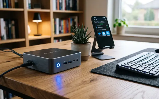 A sleek low-power mini PC sitting on a wooden desk used for self-hosting personal files and applications.