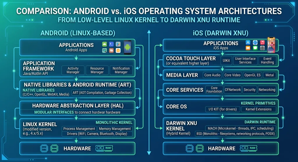 Infographic comparing iOS and Android operating system architectures from low-level Linux kernel to Darwin XNU runtime