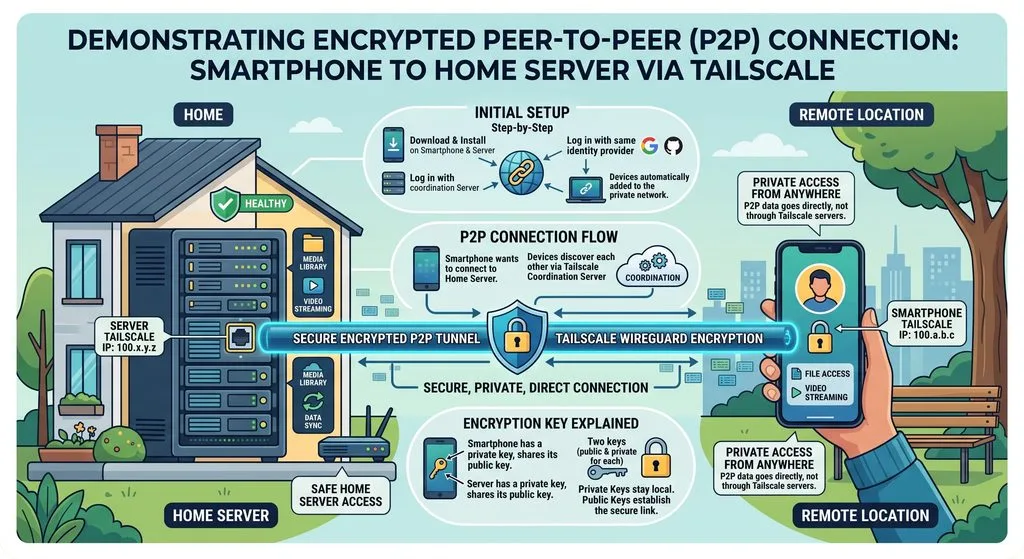 Diagram illustrating a secure mesh VPN tunnel between a mobile phone and a local home server without port forwarding.