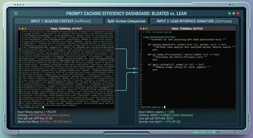 Split-screen comparison of a bloated 800-line code file prompt versus a lean 30-line interface signature prompt