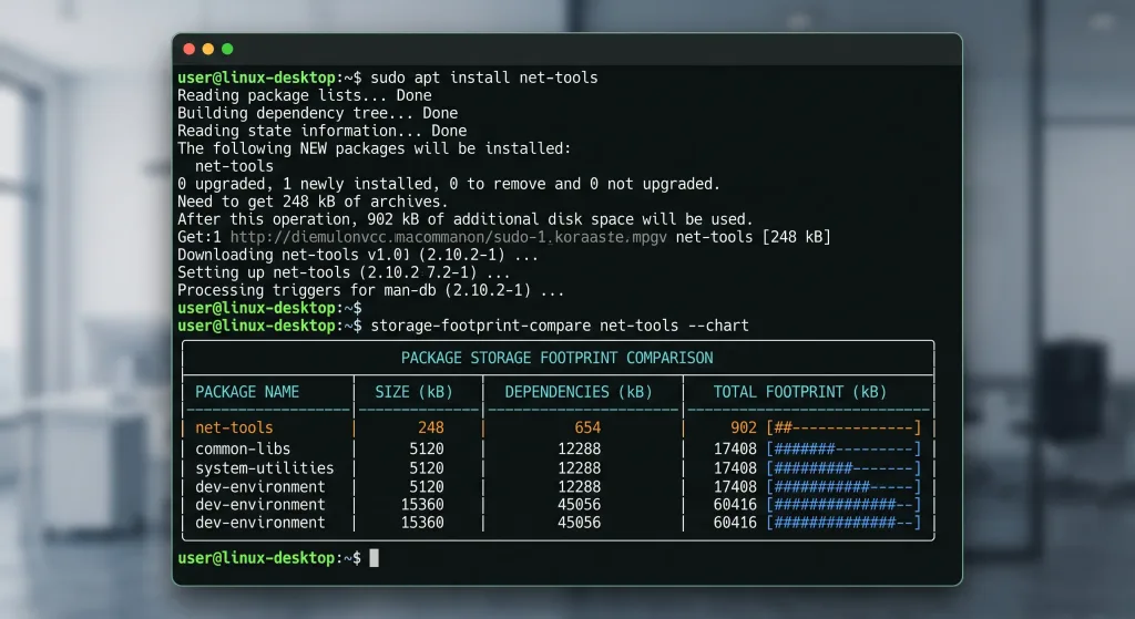 Linux terminal running software package commands next to a disk usage comparison diagram