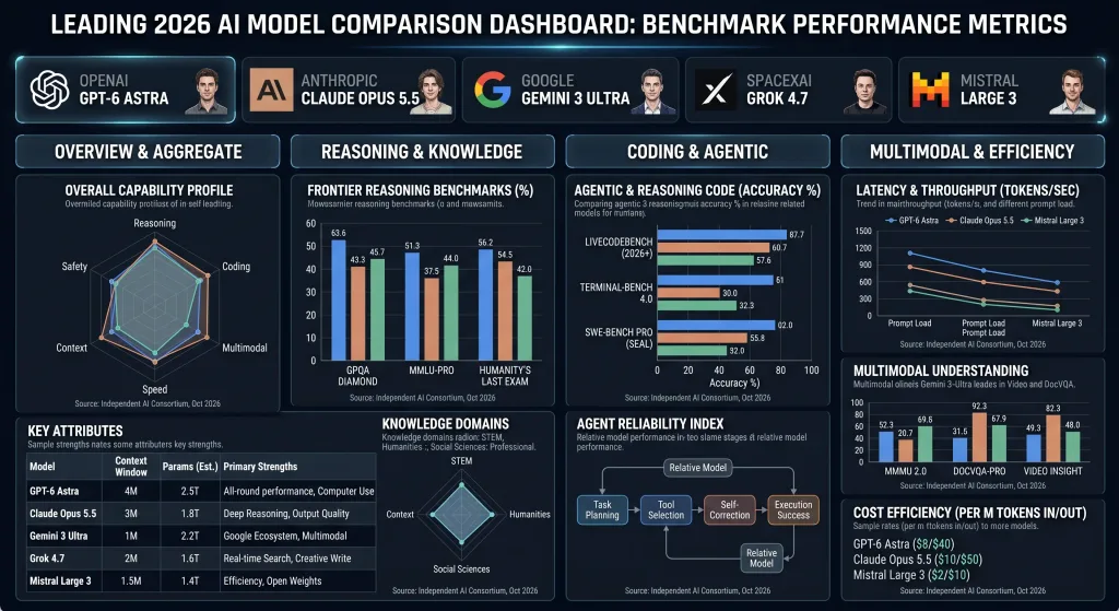 Comparison dashboard displaying benchmark performance metrics for leading 2026 AI models including GPT-6 Astra and Claude Opus 5.5
