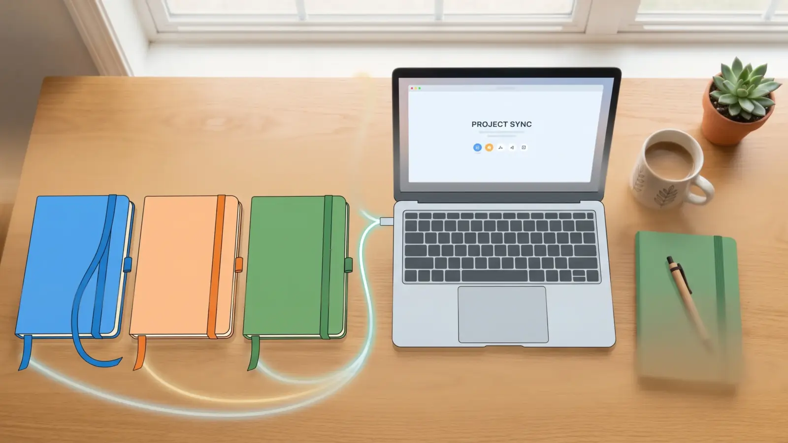 Three notebooks connected to one laptop, illustrating Gemini Gems vs Claude Projects vs ChatGPT Projects