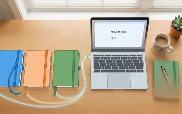 Three notebooks connected to one laptop, illustrating Gemini Gems vs Claude Projects vs ChatGPT Projects