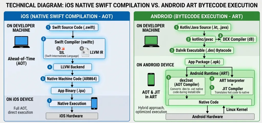 Technical diagram contrasting native Swift compilation on iOS with Android Runtime ART bytecode execution for an iOS vs Android comparison