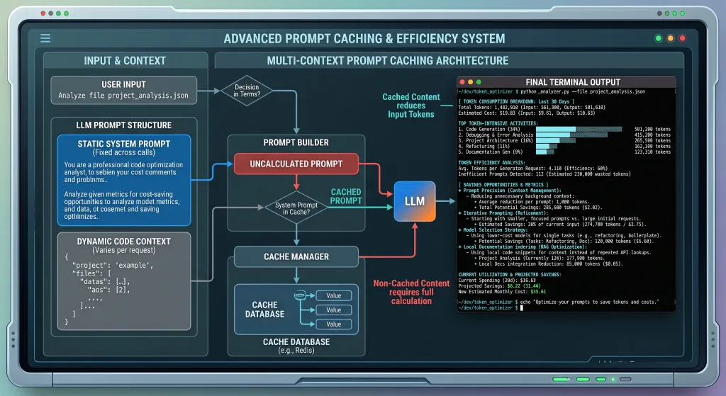 Diagram showing prompt caching structure with static system prompts separated from dynamic code context