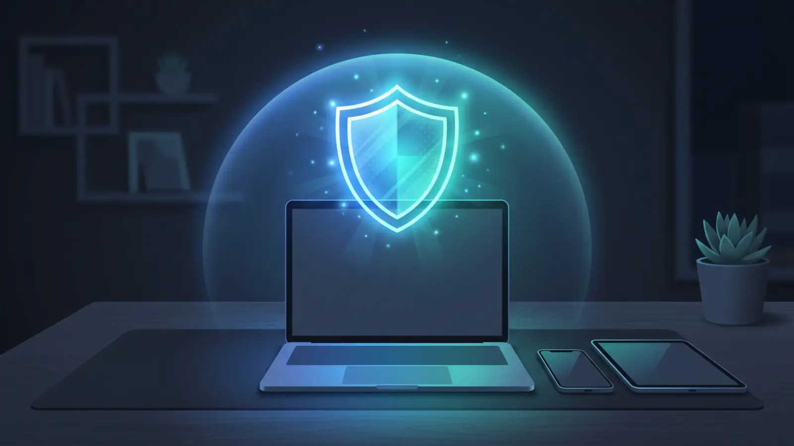 Antivirus software protecting laptop, phone and tablet with a digital shield