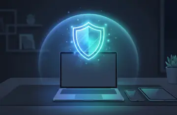 Antivirus software protecting laptop, phone and tablet with a digital shield