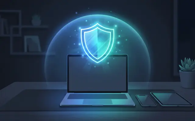 Antivirus software protecting laptop, phone and tablet with a digital shield
