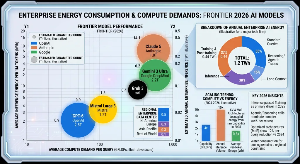 Data visualization chart illustrating enterprise energy consumption and compute demands across frontier 2026 AI models