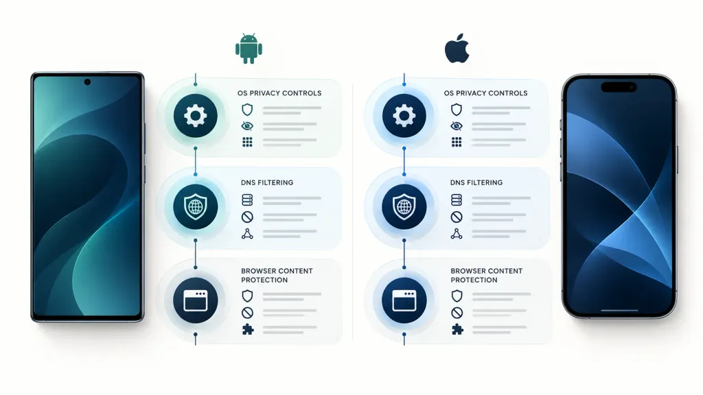 Comparison diagram showing layered tracker protection methods for Android and iPhone