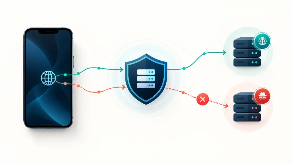 Diagram illustrating DNS filtering allowing legitimate connections while blocking known tracker domains