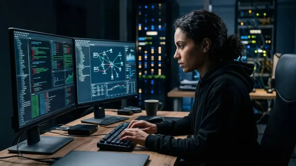 Security research workstation showing code analysis and vulnerability investigation on dual monitors