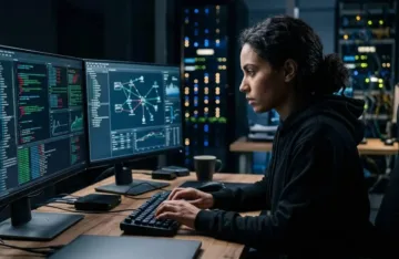 Security research workstation showing code analysis and vulnerability investigation on dual monitors