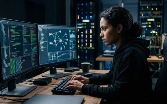 Security research workstation showing code analysis and vulnerability investigation on dual monitors