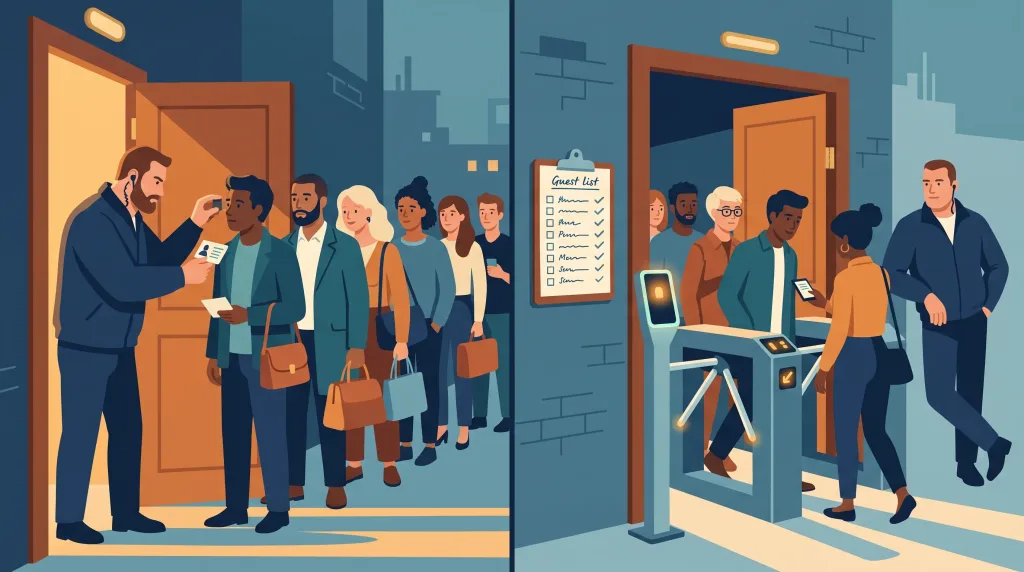 A bouncer checking guests versus an automated gate with a list, showing how Manifest V3 ad blocking moved the decisions into the browser