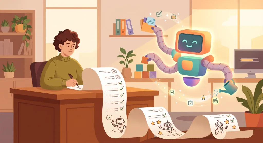 Person reviewing work completed by an AI agent as the AI release cycle fades into the background