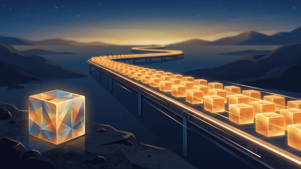Conveyor belt of rapidly produced blocks illustrating the accelerating AI release cycle