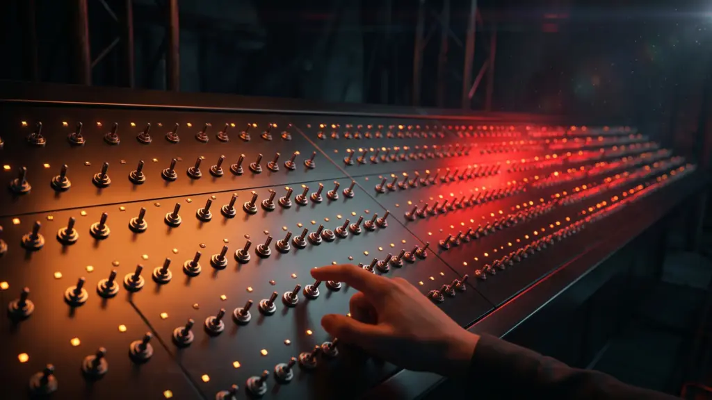 Illustration of a huge panel of switches representing Firefox about:config settings