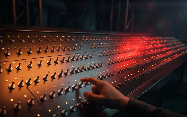 Illustration of a huge panel of switches representing Firefox about:config settings