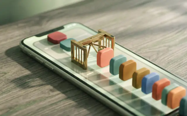 App icons queueing at a turnstile on a phone screen, illustrating the new checkpoint for Android sideloading
