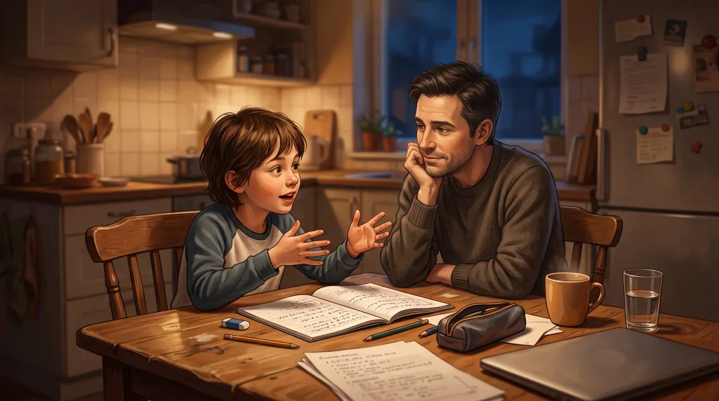 A child explaining homework to a parent with the laptop closed, a simple check on AI in schools