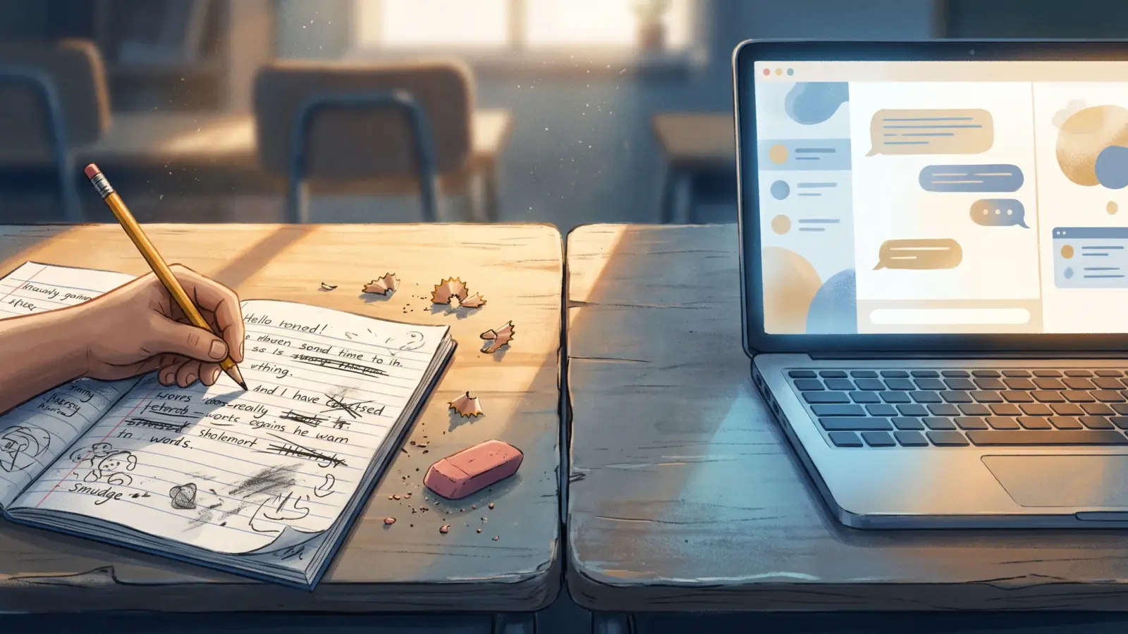 A school desk split between a handwritten notebook and a laptop chatbot, showing the two sides of AI in schools
