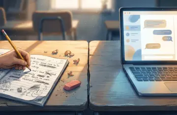 A school desk split between a handwritten notebook and a laptop chatbot, showing the two sides of AI in schools