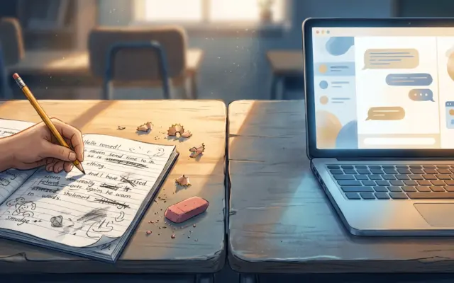 A school desk split between a handwritten notebook and a laptop chatbot, showing the two sides of AI in schools