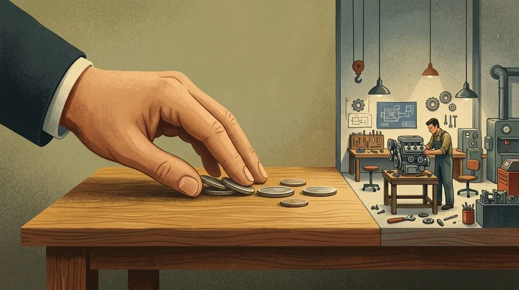A large hand funding a small engine workshop, representing Google’s search payments to Mozilla