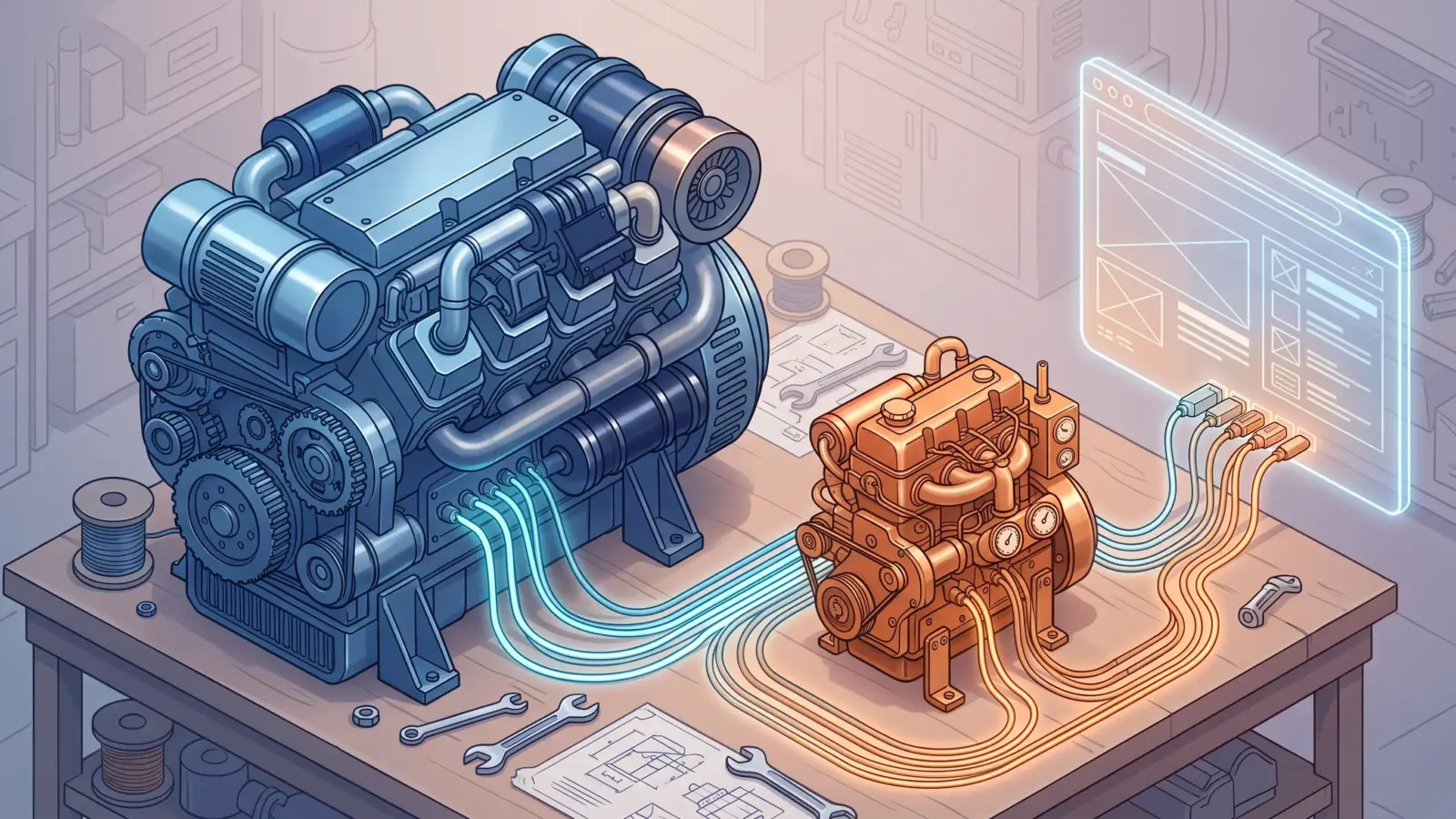 Two engines of very different sizes powering one browser window, illustrating Chromium vs Firefox