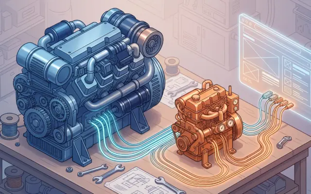 Two engines of very different sizes powering one browser window, illustrating Chromium vs Firefox