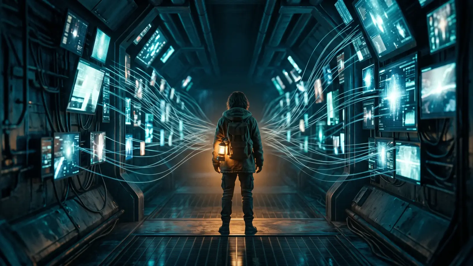 Person surrounded by tracking threads from screens, illustrating online privacy