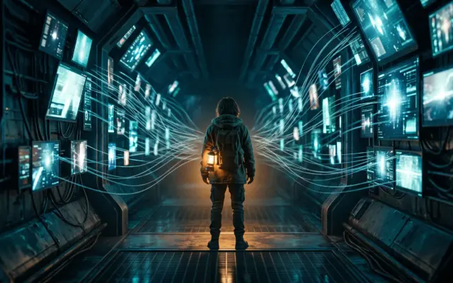 Person surrounded by tracking threads from screens, illustrating online privacy