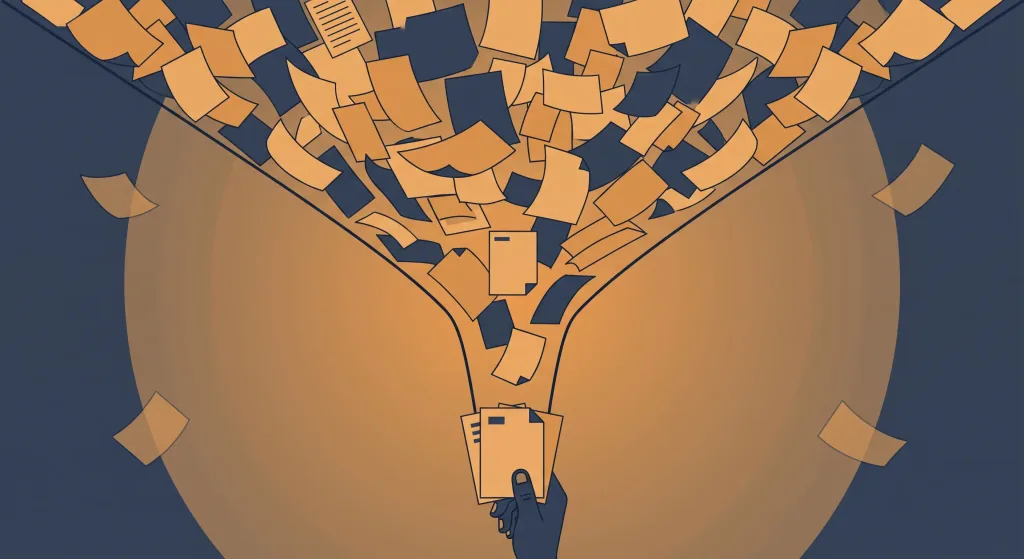 Funnel of documents narrowing to a few pages in a hand, showing how AI in journalism leaves the final read to people