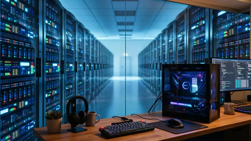 Local AI models running on a home PC, contrasted with a frontier model data center