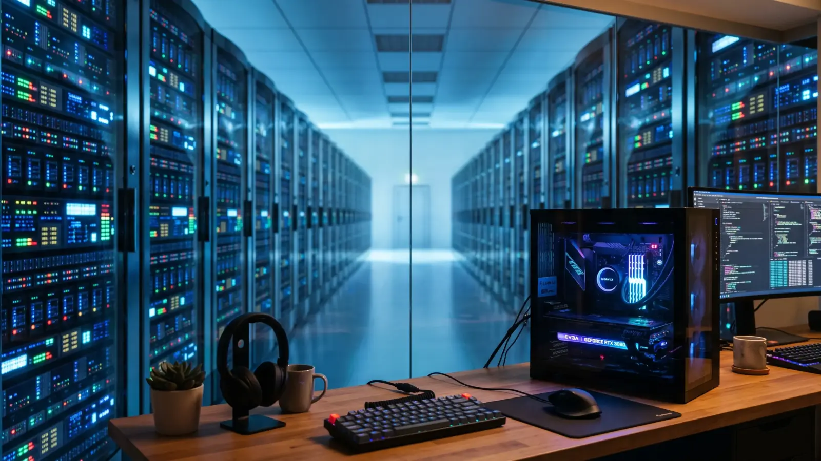Local AI models running on a home PC, contrasted with a frontier model data center