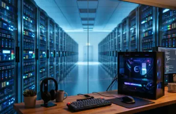 Local AI models running on a home PC, contrasted with a frontier model data center